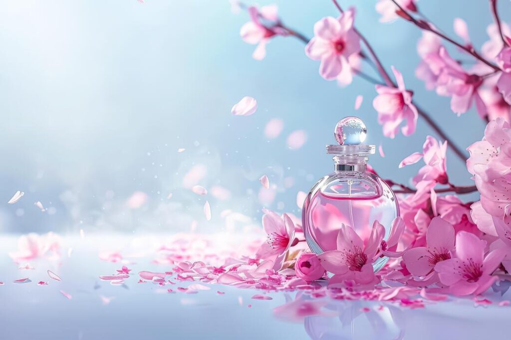 bottle of perfume is surrounded by pink flowers photo